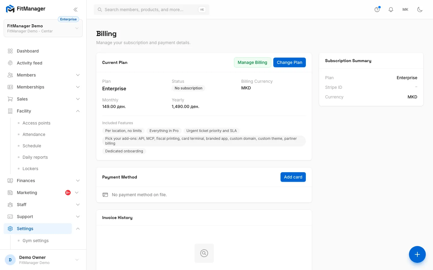 Step 1: The Billing page shows your current plan, its status and the currency you are billed in.
