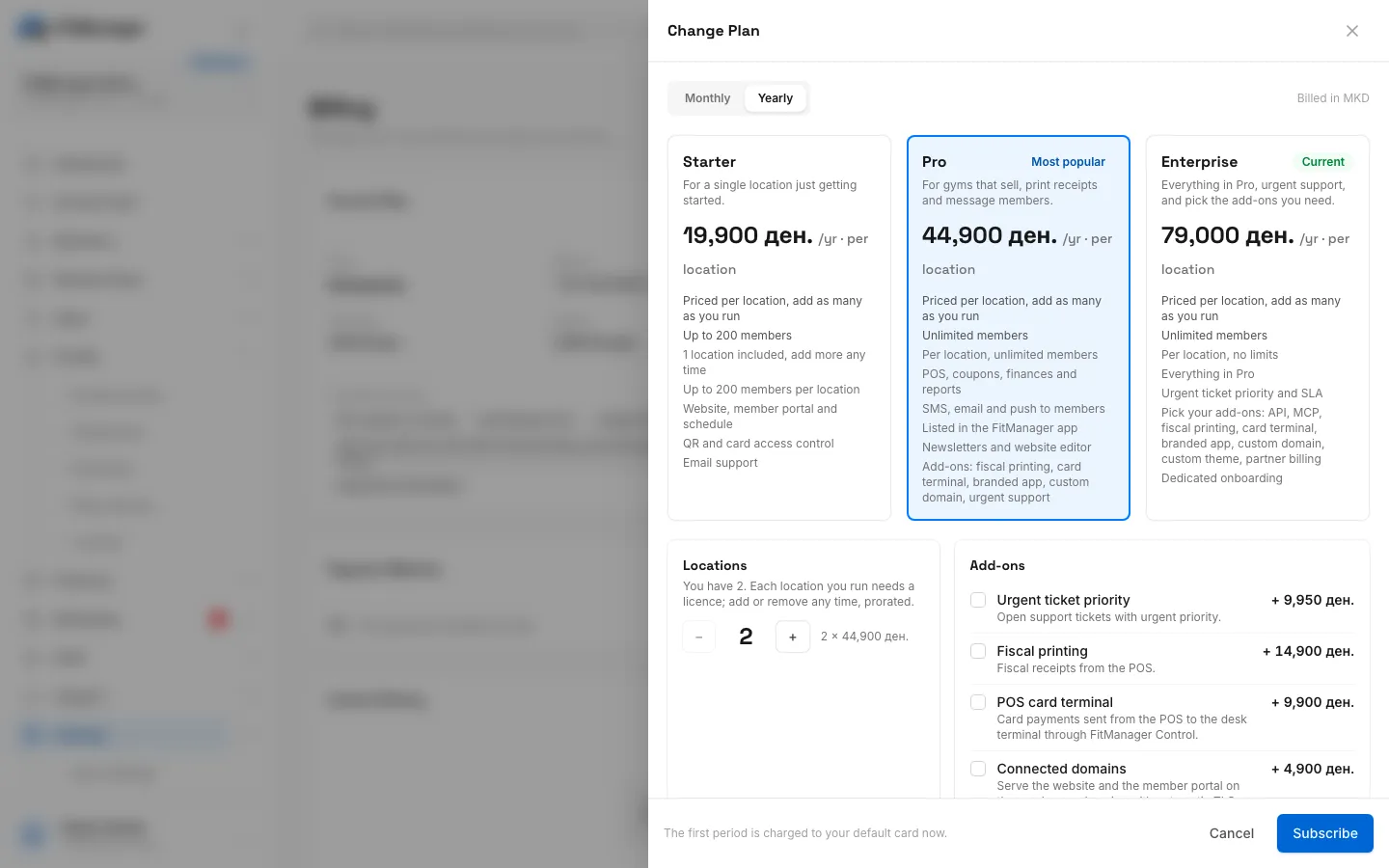 Step 5: Set how many locations you run. Each one is billed at the plan price.