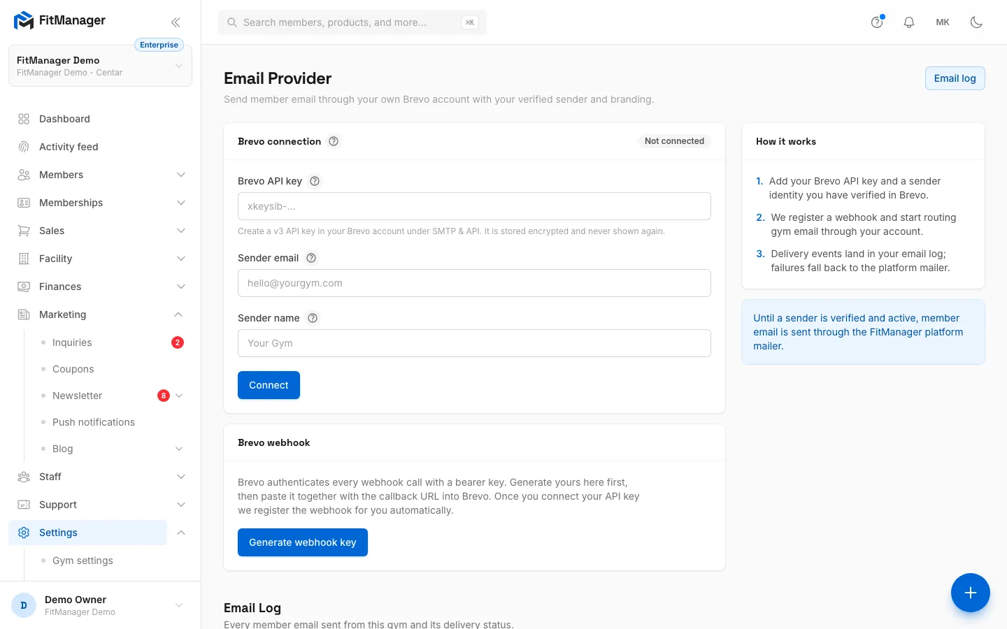 Step 1: Open Settings, Integrations, Email. The Brevo connection card is where your key goes.
