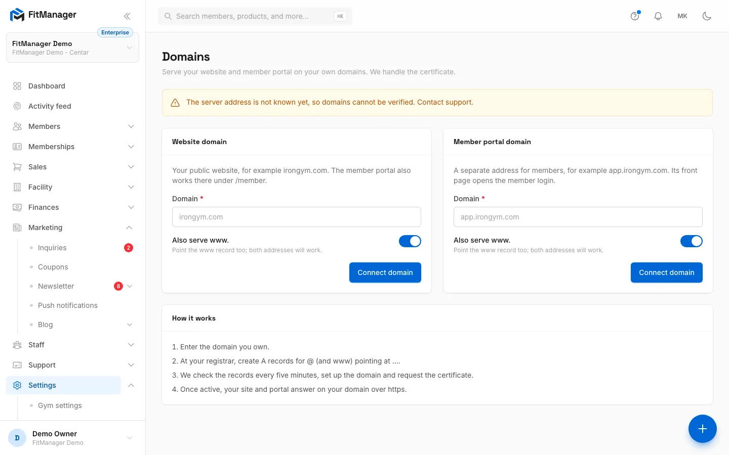 Step 1: In the Website domain card, type the domain you own. A www. prefix is fine, FitManager stores the bare domain.