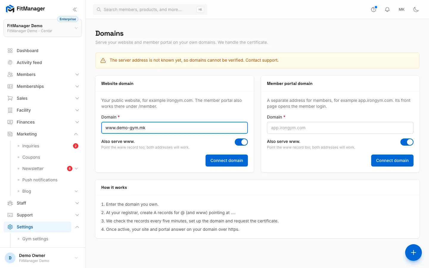 Step 2: Leave Also serve www. on so both addresses work, then click Connect domain.