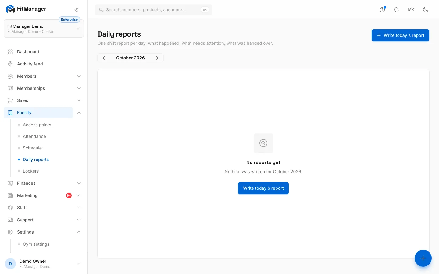 Step 1: Under Facility, Daily reports, click Write today's report.