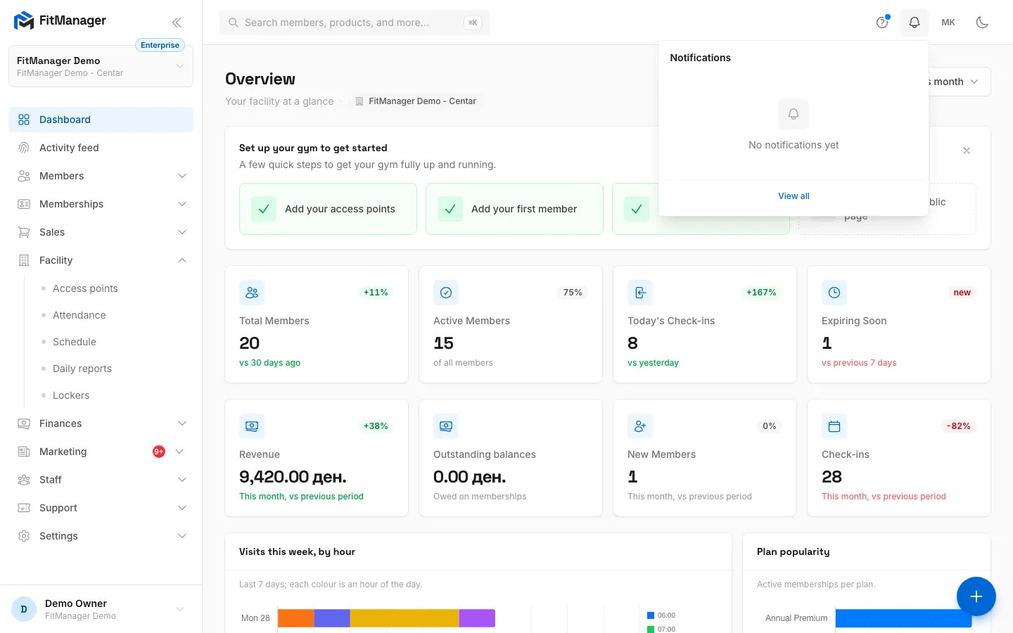 Step 10: The round button opens quick actions, New member, New sale and Check-in.