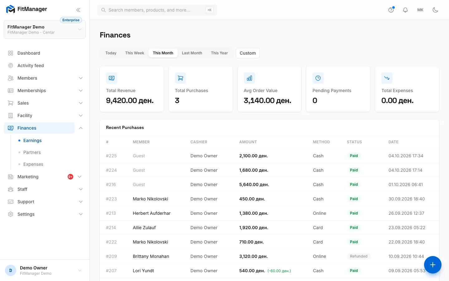 Step 1: On the Earnings page, the buttons at the top set the period. This Month is selected first.