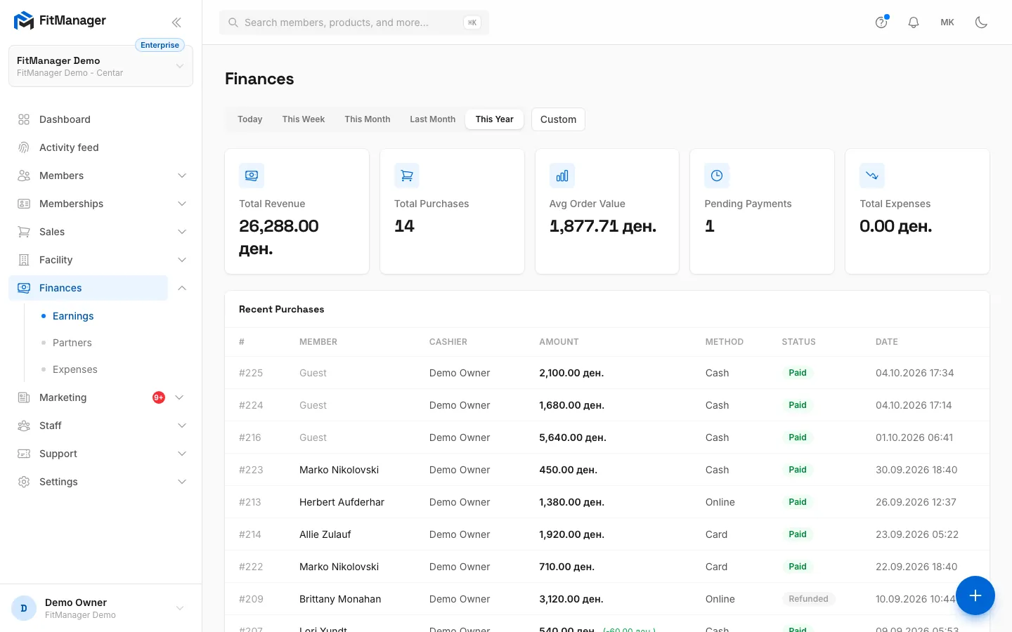 Step 3: Total Revenue counts paid sales in the period. Next to it are the number of sales, the average sale and pending payments.