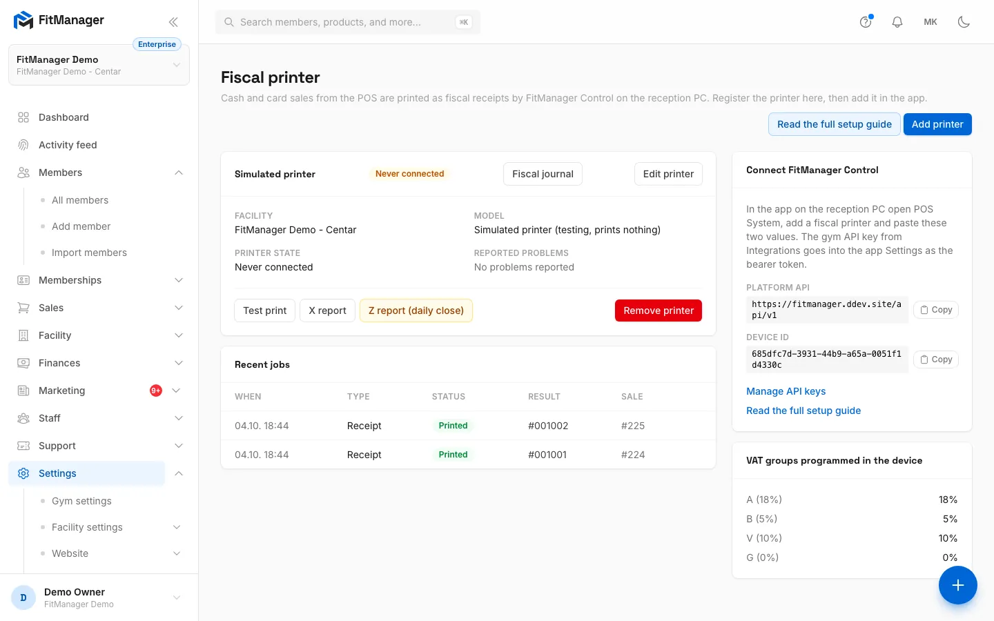 Step 1: Under Settings, Integrations, Fiscal printer, click Add printer.