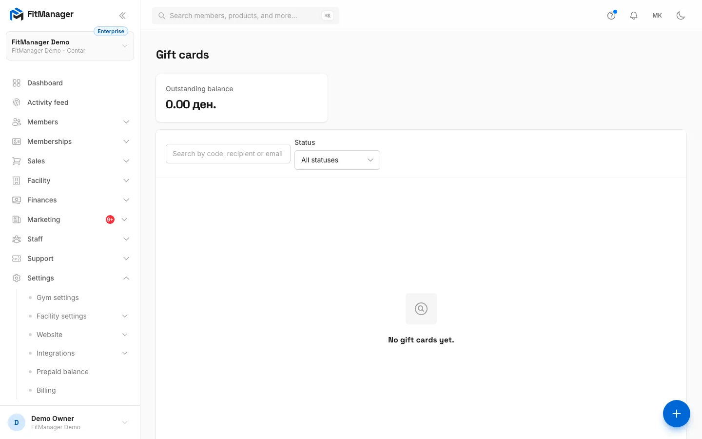 Step 1: Sales, Gift cards lists every card sold and the balance still owed to customers.