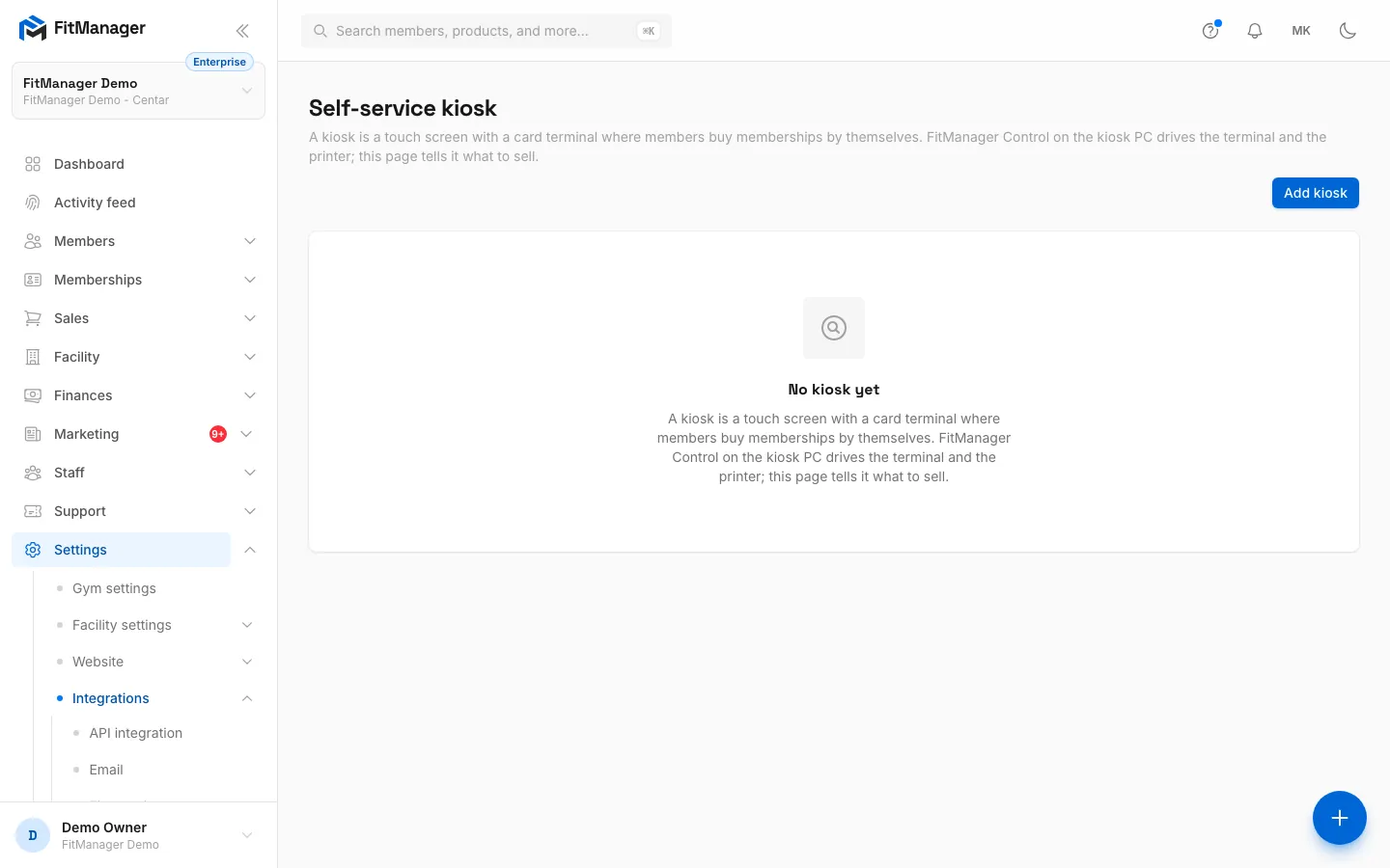 Step 2: Gift cards are sold at the kiosk. Open Settings, Integrations, Kiosk and add or edit a kiosk.