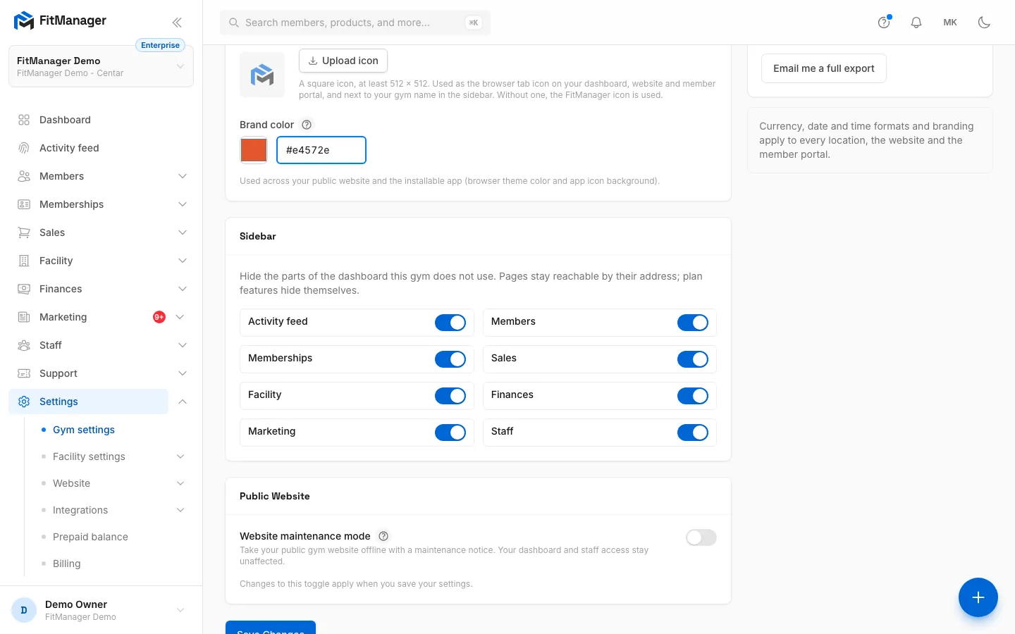 Step 5: Hide sidebar sections your gym does not use.