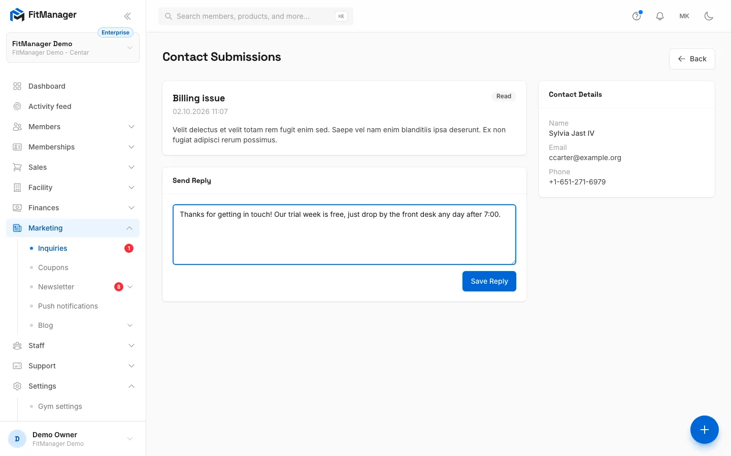 Step 4: Click Save Reply. The inquiry is marked Replied. Saving does not email the sender.