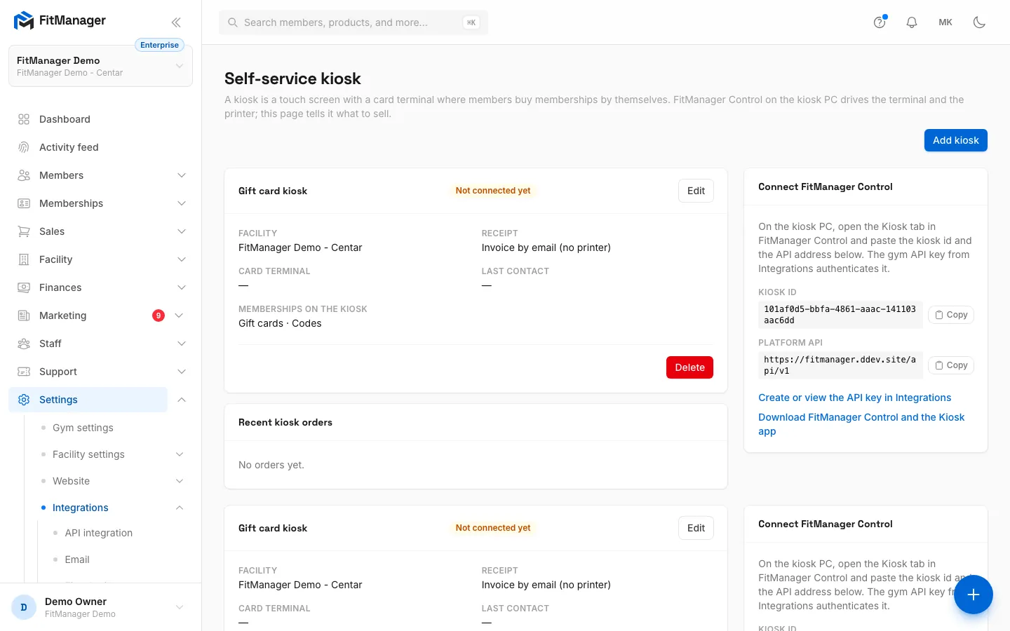 Step 1: Under Settings, Integrations, Kiosk, click Add kiosk.