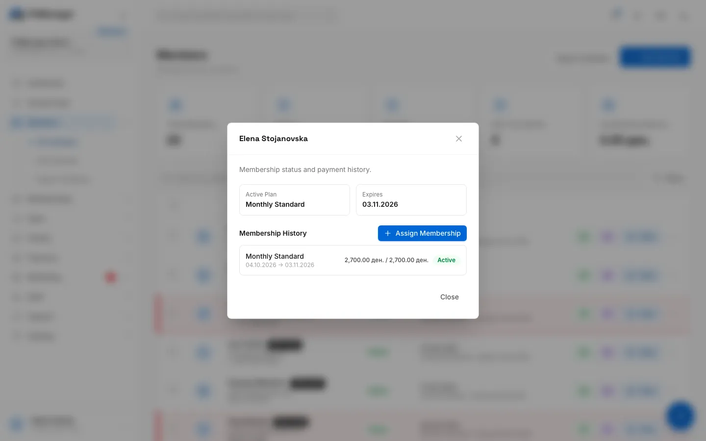 Step 9: The new membership is at the top of the history, and the payment is in Finances.