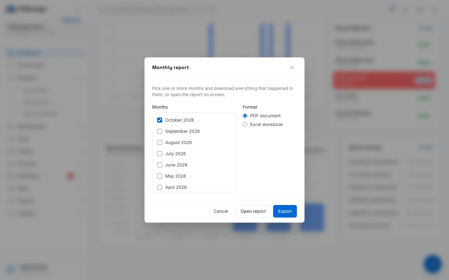 Step 3: Choose PDF document or Excel workbook, then click Export to download.