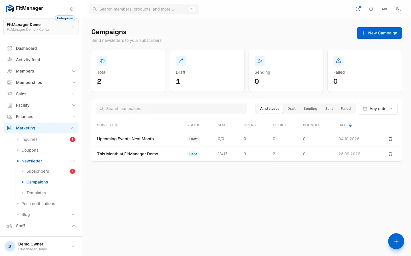 Step 1: Under Marketing, Newsletter, Campaigns, click New Campaign.