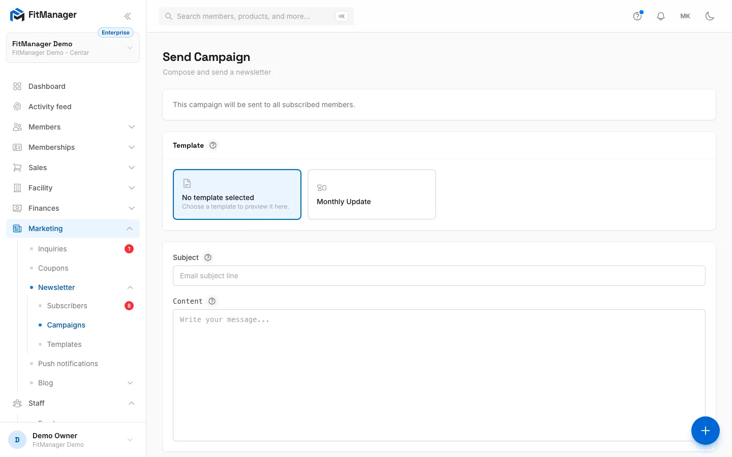Step 2: Pick one of your templates, or keep No template selected and write the content yourself.