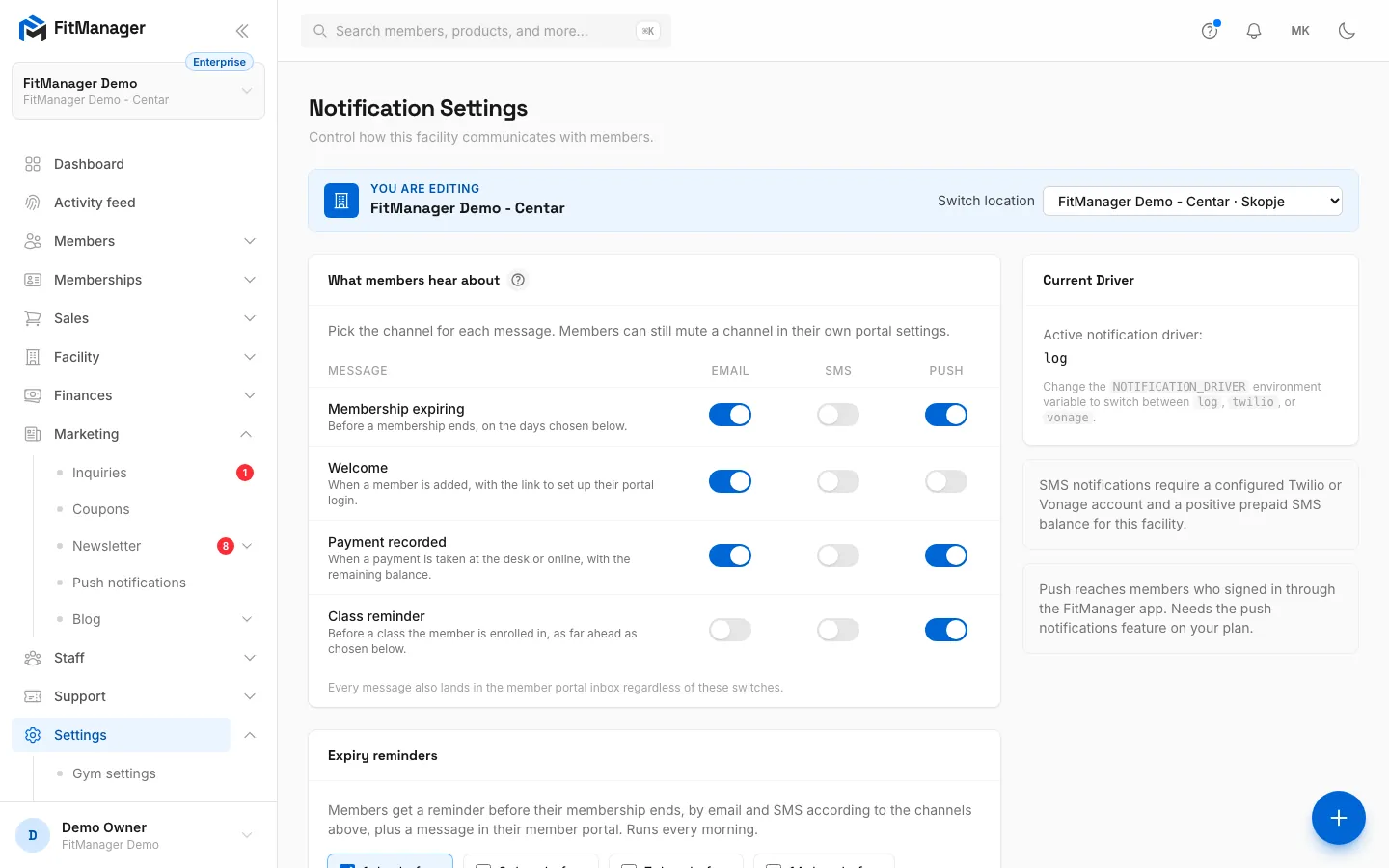 Step 2: Click a switch to turn a channel on or off for a message, here class reminders by email.