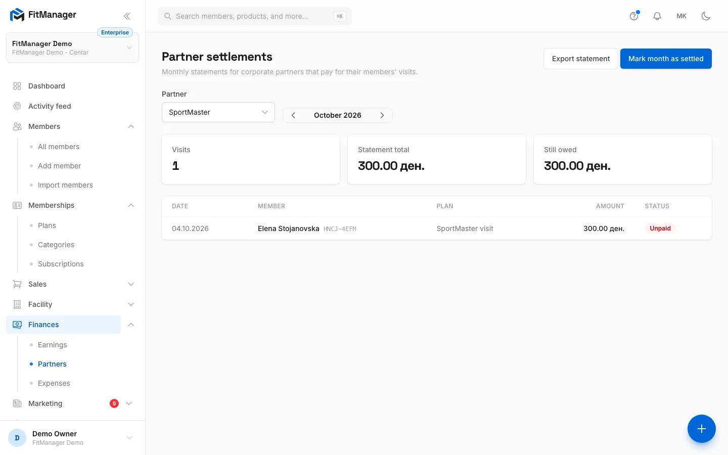 Step 12: At month end, open Finances, Partners. When the partner pays, click Mark month as settled.