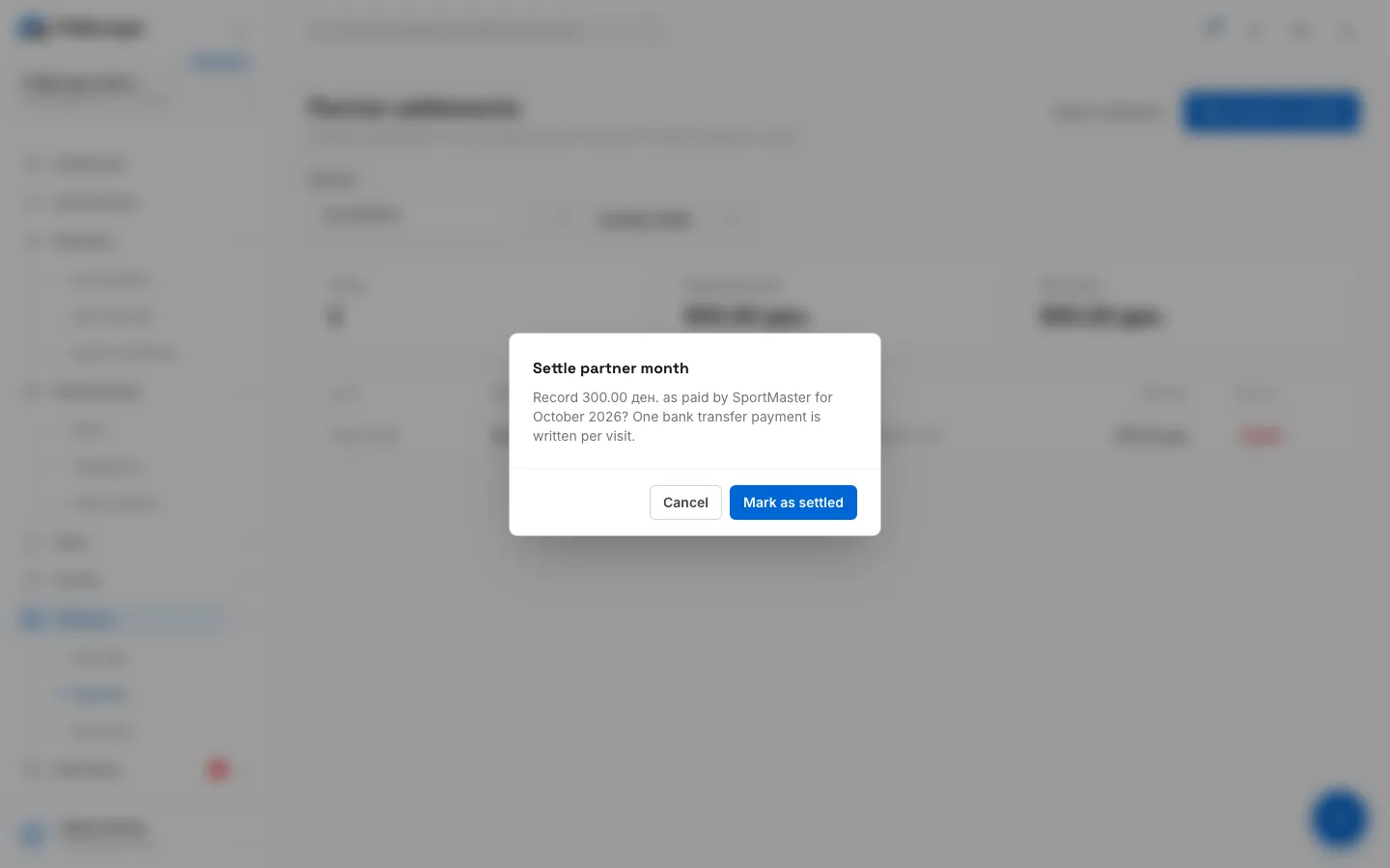 Step 13: Click Mark as settled. One bank transfer payment is recorded per visit and Still owed drops to zero.