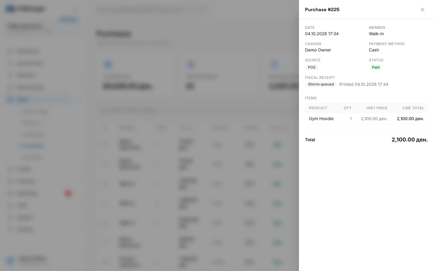 Step 5: The sale shows Storno queued until FitManager Control prints it, then it is marked Refunded.