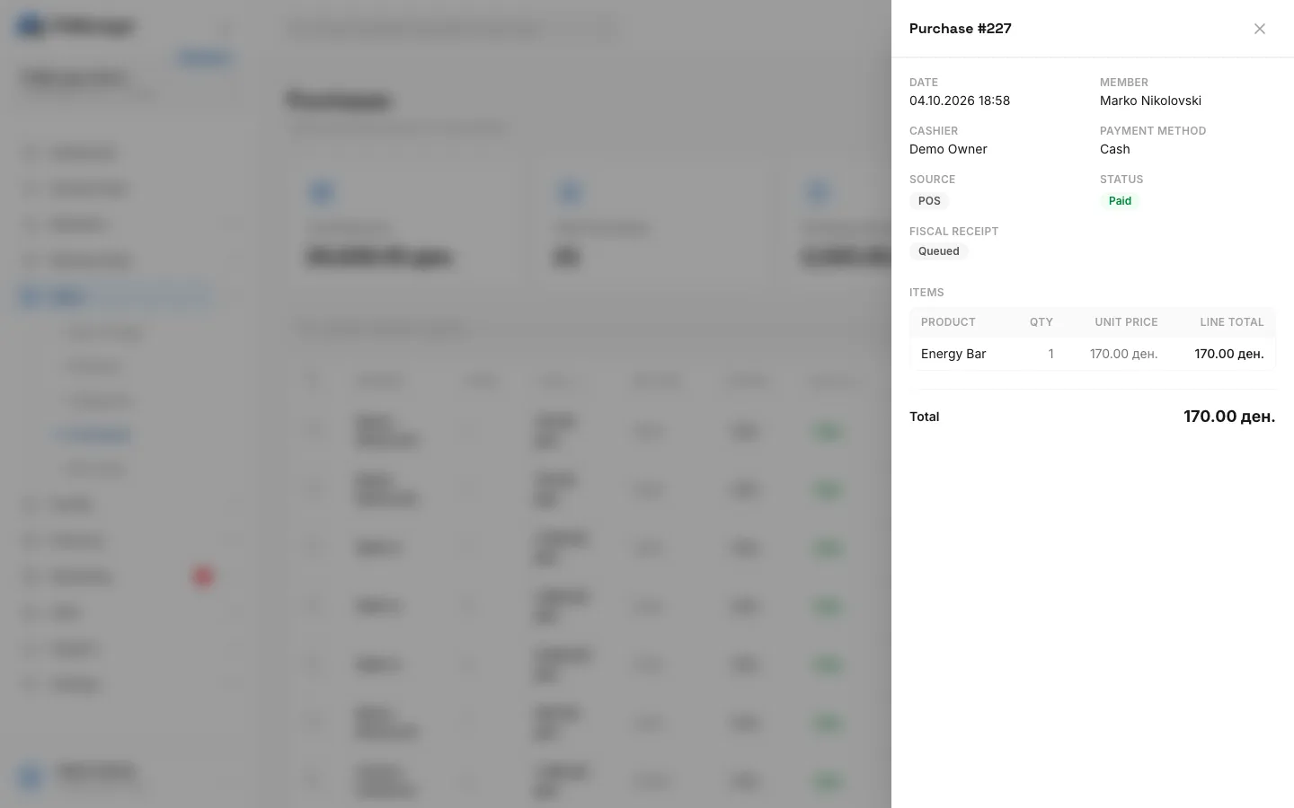 Step 4: The Fiscal receipt block shows the receipt and offers Retry or Storno (refund) when they apply.