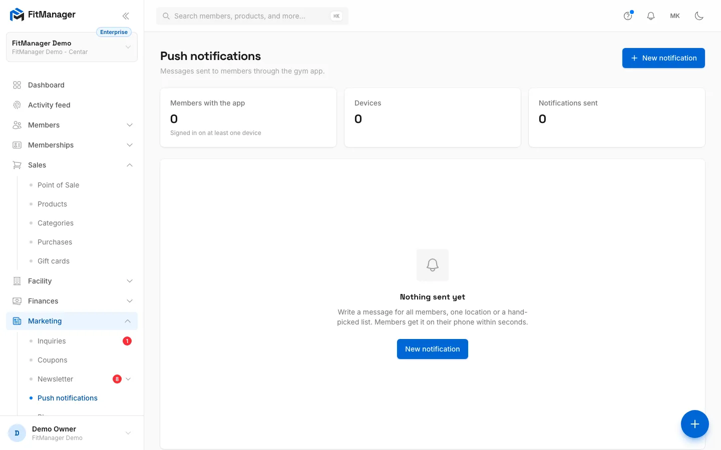 Step 1: On the Push notifications page, click New notification.