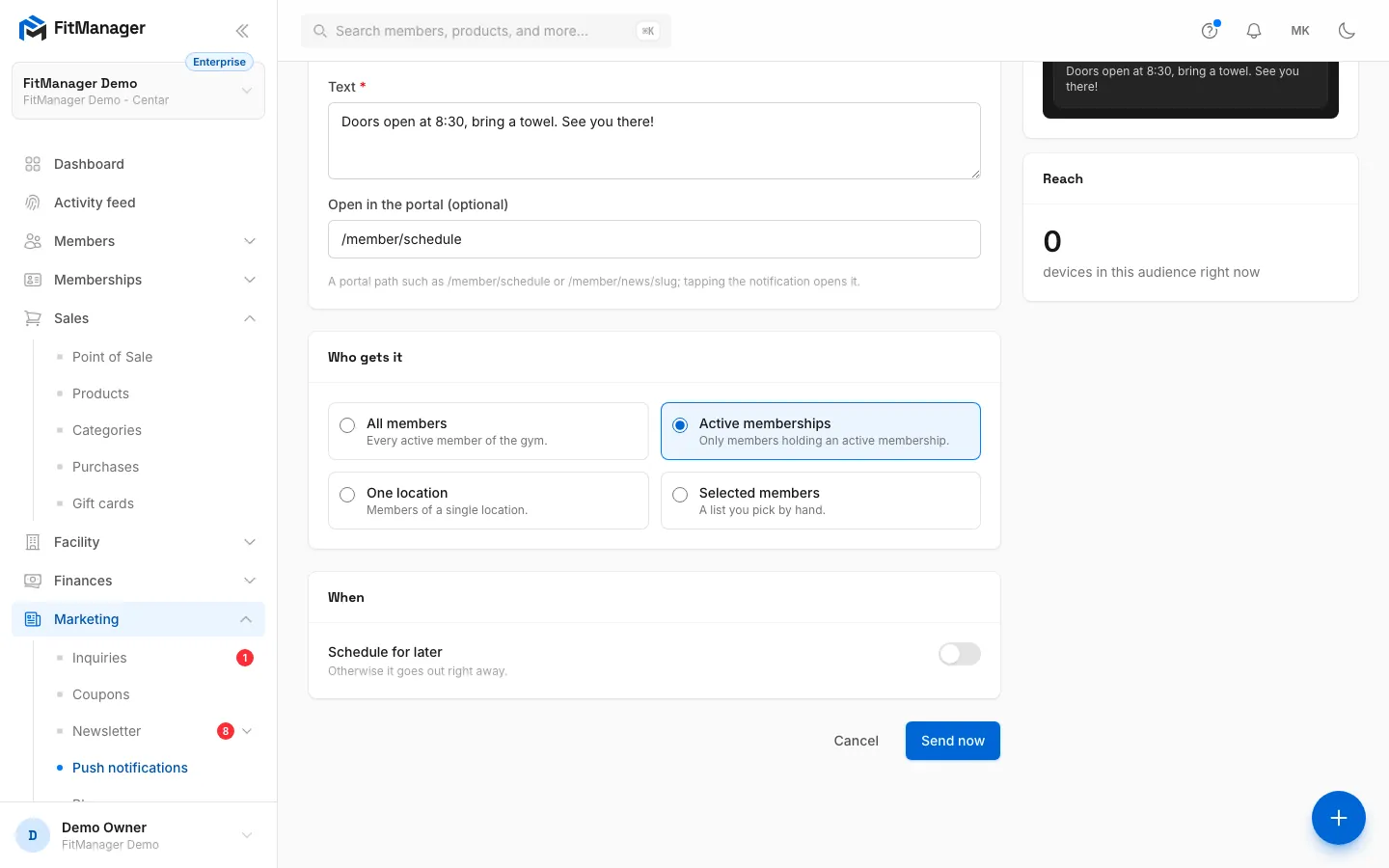 Step 7: Click Send now, or switch on Schedule for later and pick a time.