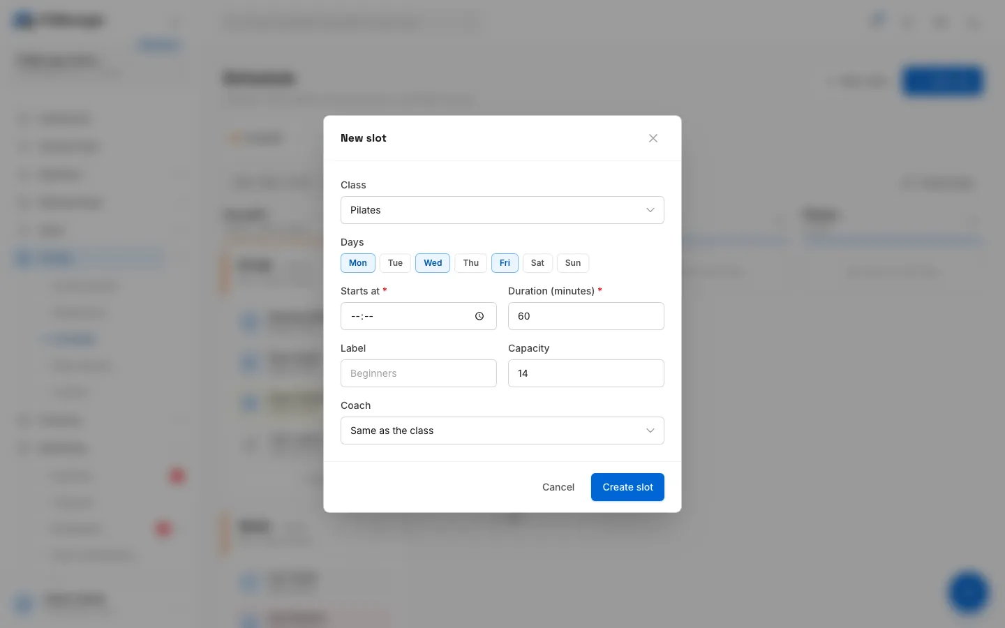 Step 7: The class, its days, capacity and duration are already filled in from the class.