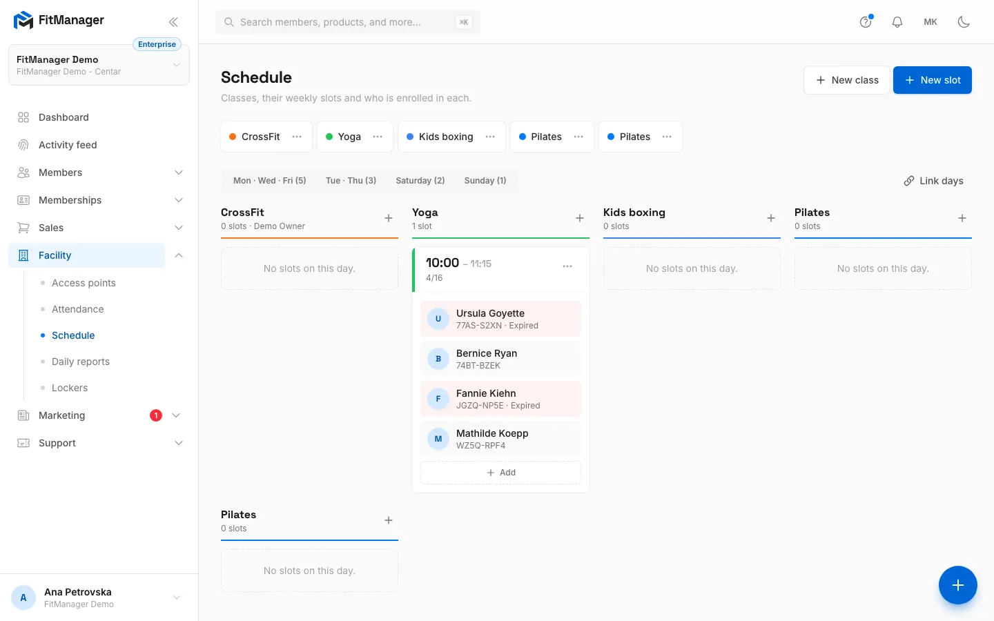 Step 1: On the Schedule page, open the day row with the class.