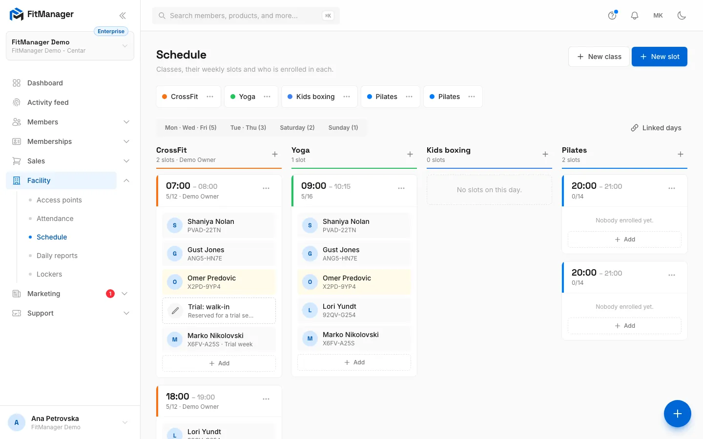 Step 8: The member is enrolled on every linked day of the slot and gets class reminders.