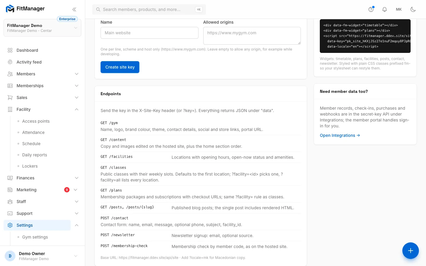 Step 6: Endpoints lists what a developer can read and send with the key.