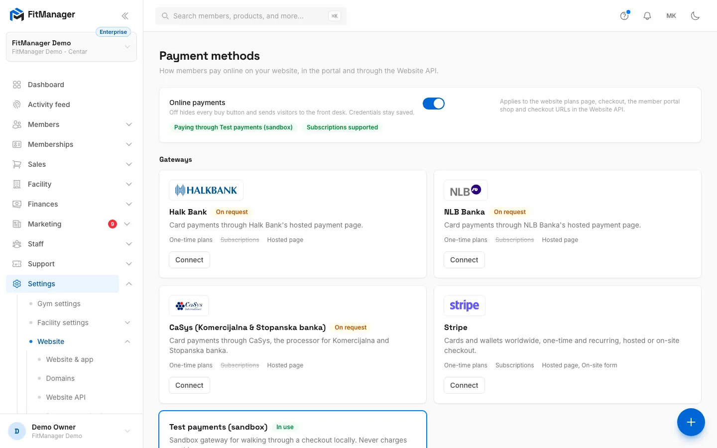 Step 1: Online payments is the main switch for buying on your website and in the member portal.