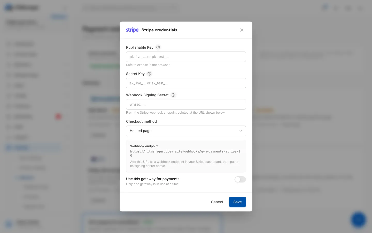 Step 3: Paste the Publishable key from Stripe, Developers, API keys.