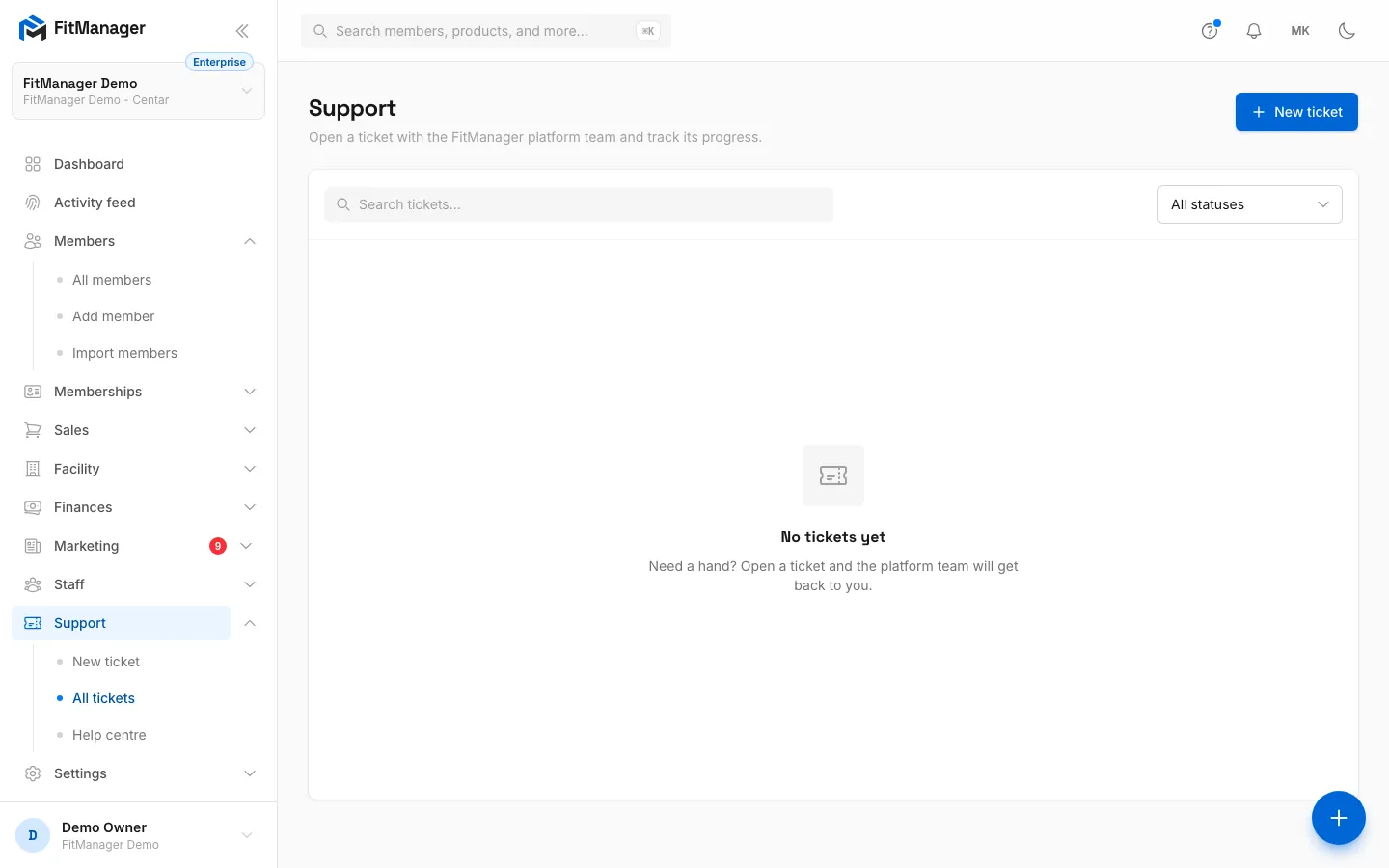 Step 1: On the Support page, click New ticket.