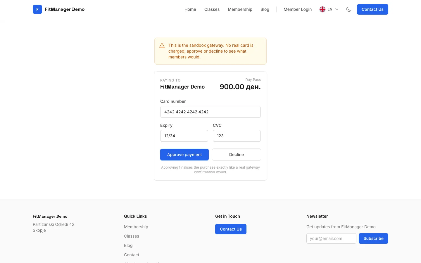Step 7: Enter your card on the payment page and confirm. This demo uses a test gateway, so nothing is charged.