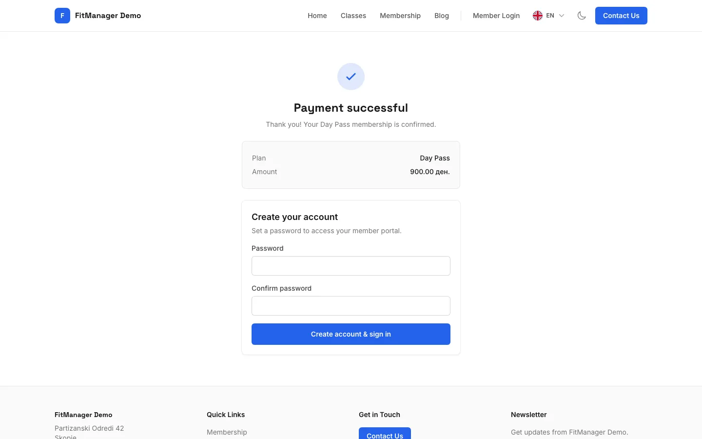 Step 8: Payment successful. You are now a member and can set a password for the member portal below.
